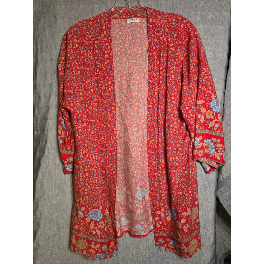 812 Lulla Collection Red Floral Kimono Wrap Bohemian Open Front Cardigan OneSize